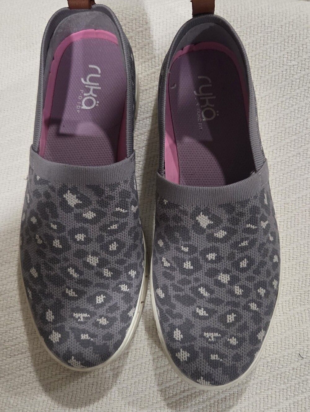 Ryka Gray Leopard Slip-On Moccasins with Pink Insole